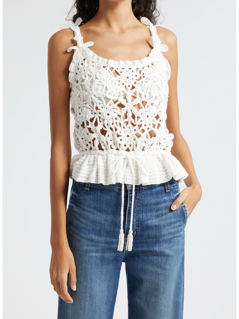 Farm Rio White Flowers Crochet Top size L